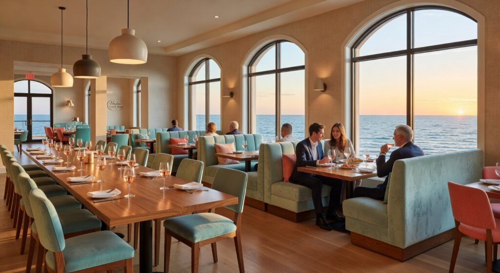 Ultra-realistic 8K photograph of elegant modern restaurant interior in Naples Florida with warm ambient lighting, coastal color palette, comfortable booth seating and sophisticated diners enjoying evening meal, natural light coming through large windows overlooking water