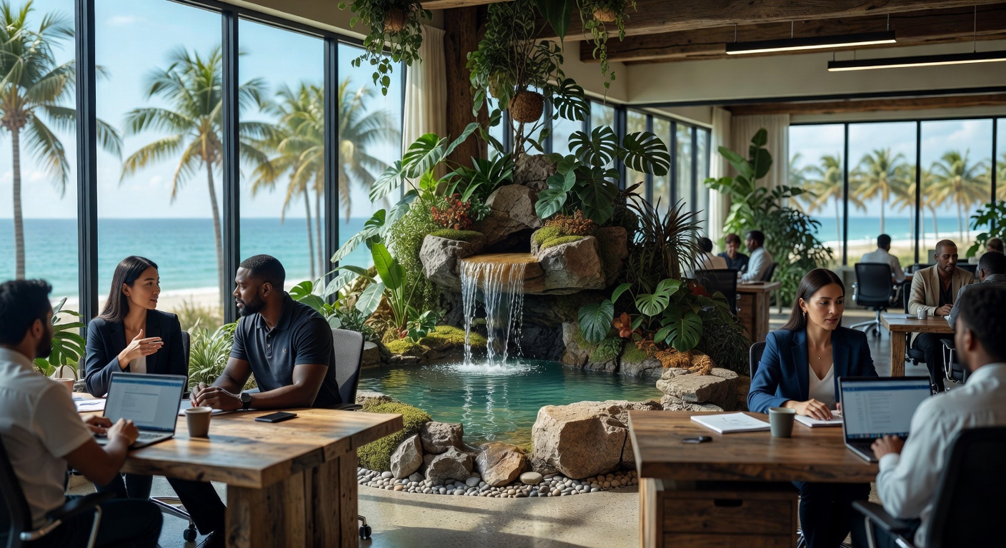 Ultra-realistic 8K photo of biophilic office design in Naples Florida featuring indoor plants, water feature, natural stone and professionals working in bright, inspiring environment