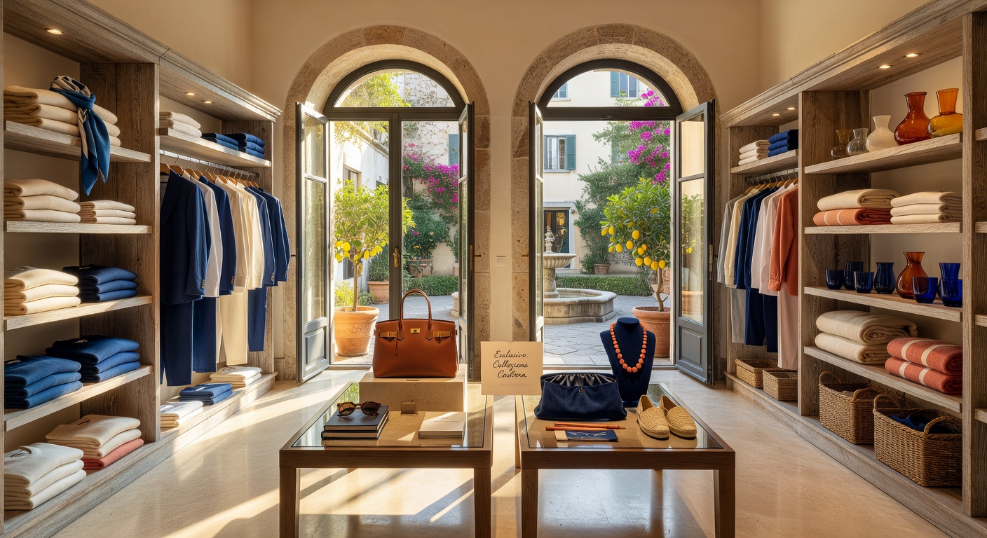 Ultra-realistic 8K image showing strategic product placement and visual merchandising in high-end Naples retail boutique with coastal color palette and elegant displays