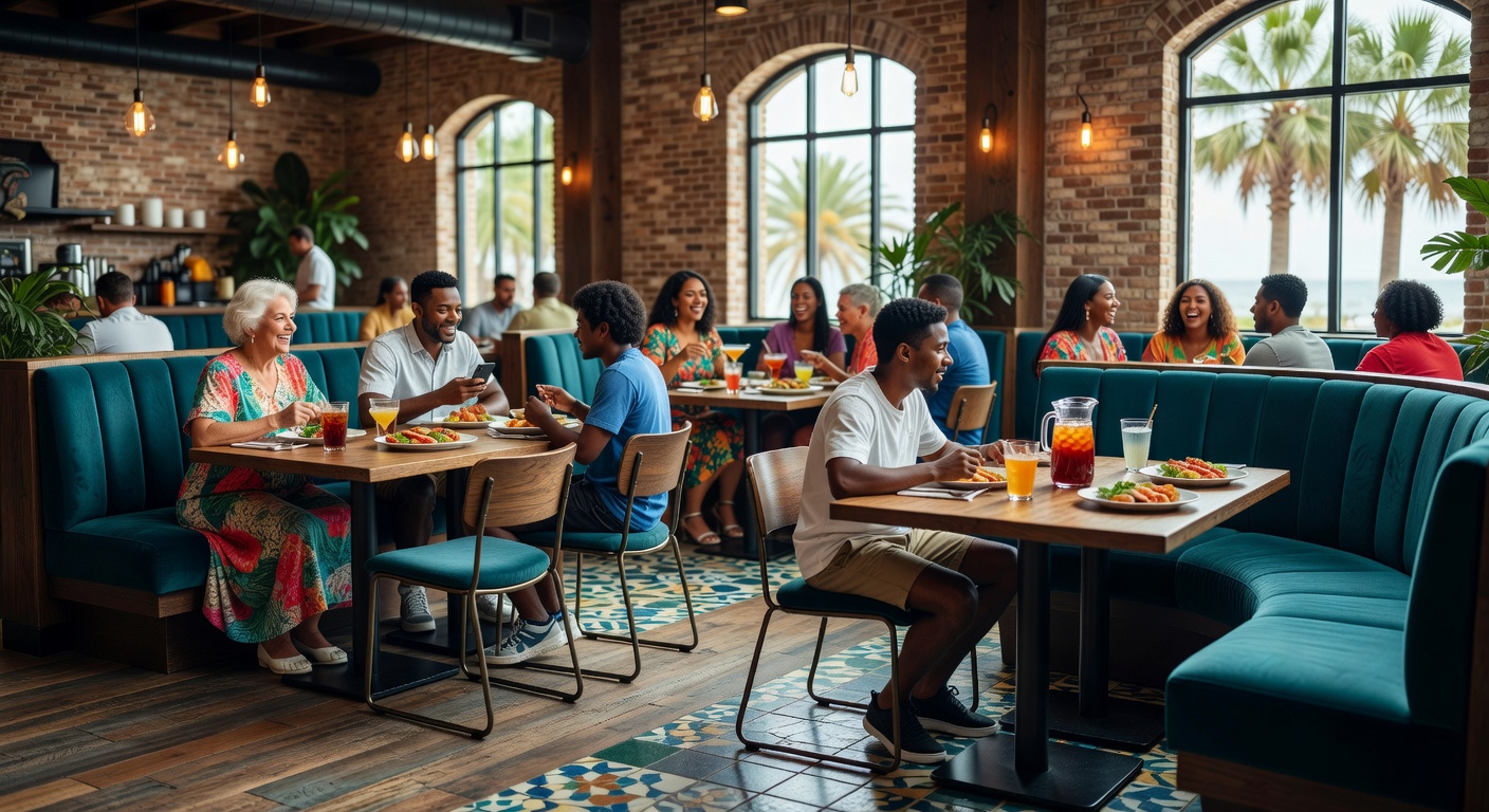 Ultra-realistic 8K photograph of flexible restaurant seating arrangement in Naples FL featuring mixture of booths, tables and banquettes with diverse customer groups
