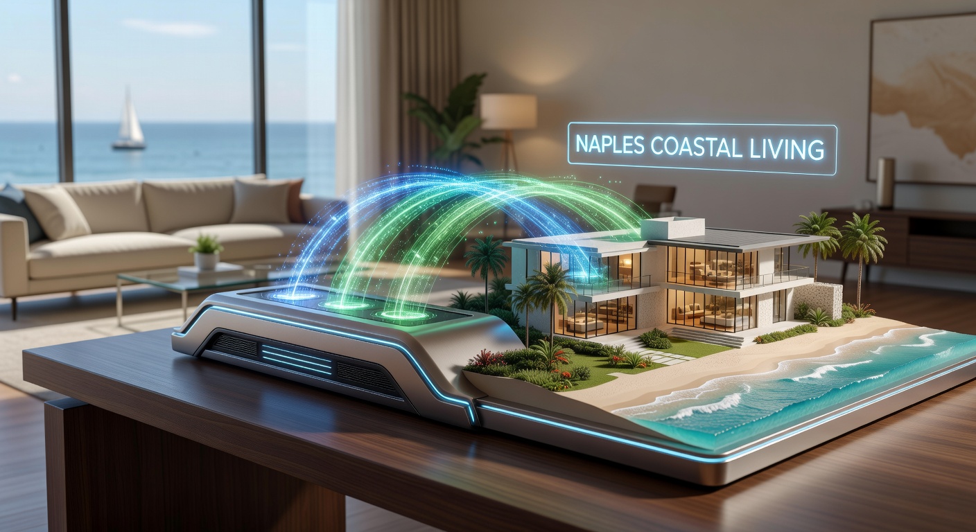 Dynamic ultra-realistic 8K visualization showing the AI rapid prototyping process from initial text prompt through progressive refinement to final detailed coastal interior concept for a Naples home