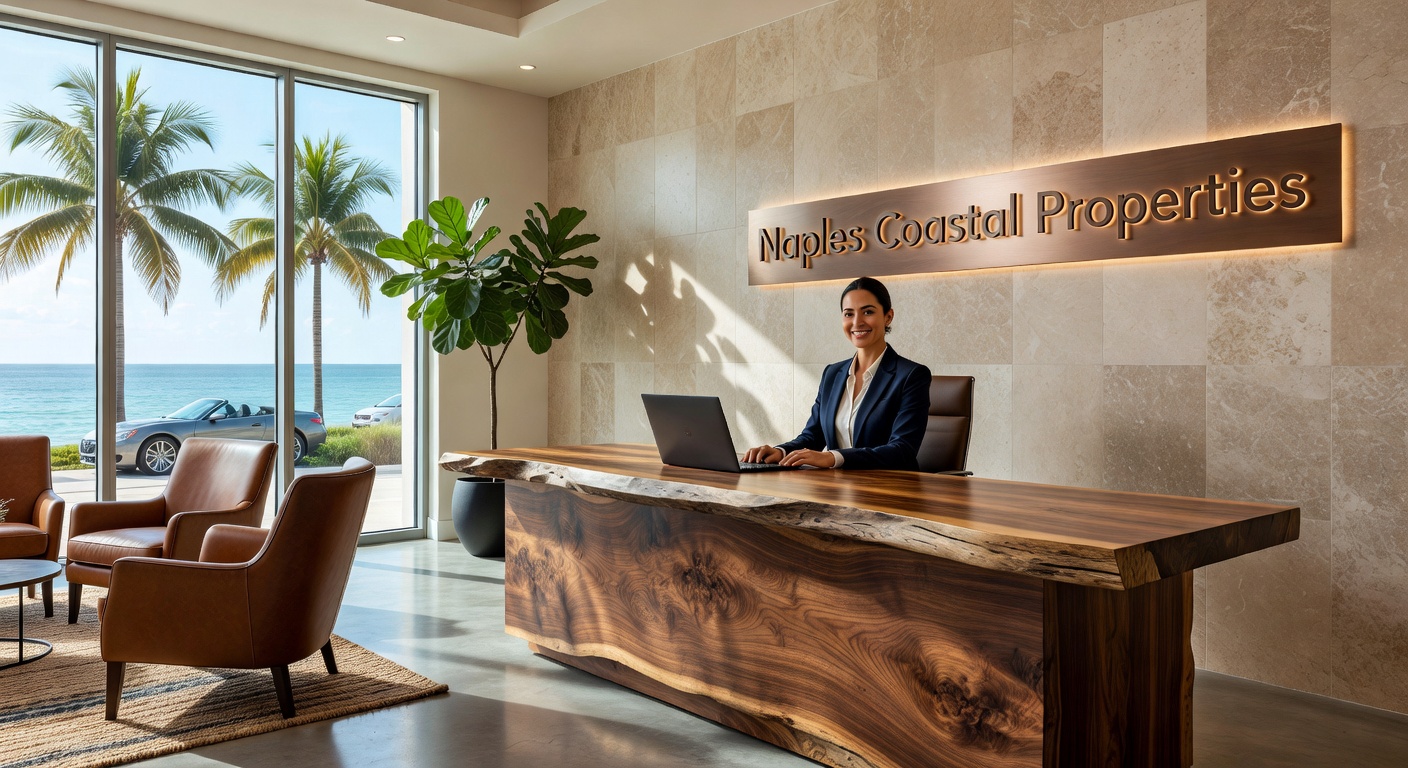 Ultra-realistic 8K image of luxury office reception area in Naples Florida with sophisticated branding integration, natural materials and welcoming atmosphere