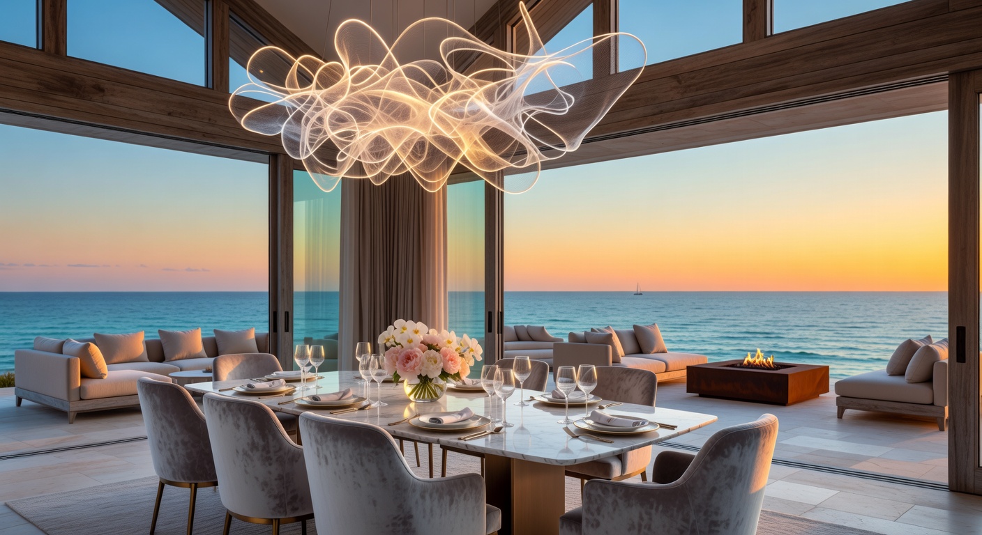 Metaphorical yet photorealistic 8K image depicting an AI personalization engine converting client lifestyle data into a complete sophisticated living space design specific to Naples Florida coastal living