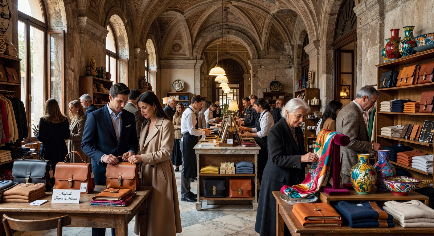 Ultra-realistic 8K cinematic image of bustling Naples retail interior during peak season with customers engaging with thoughtfully designed product displays and elegant surroundings