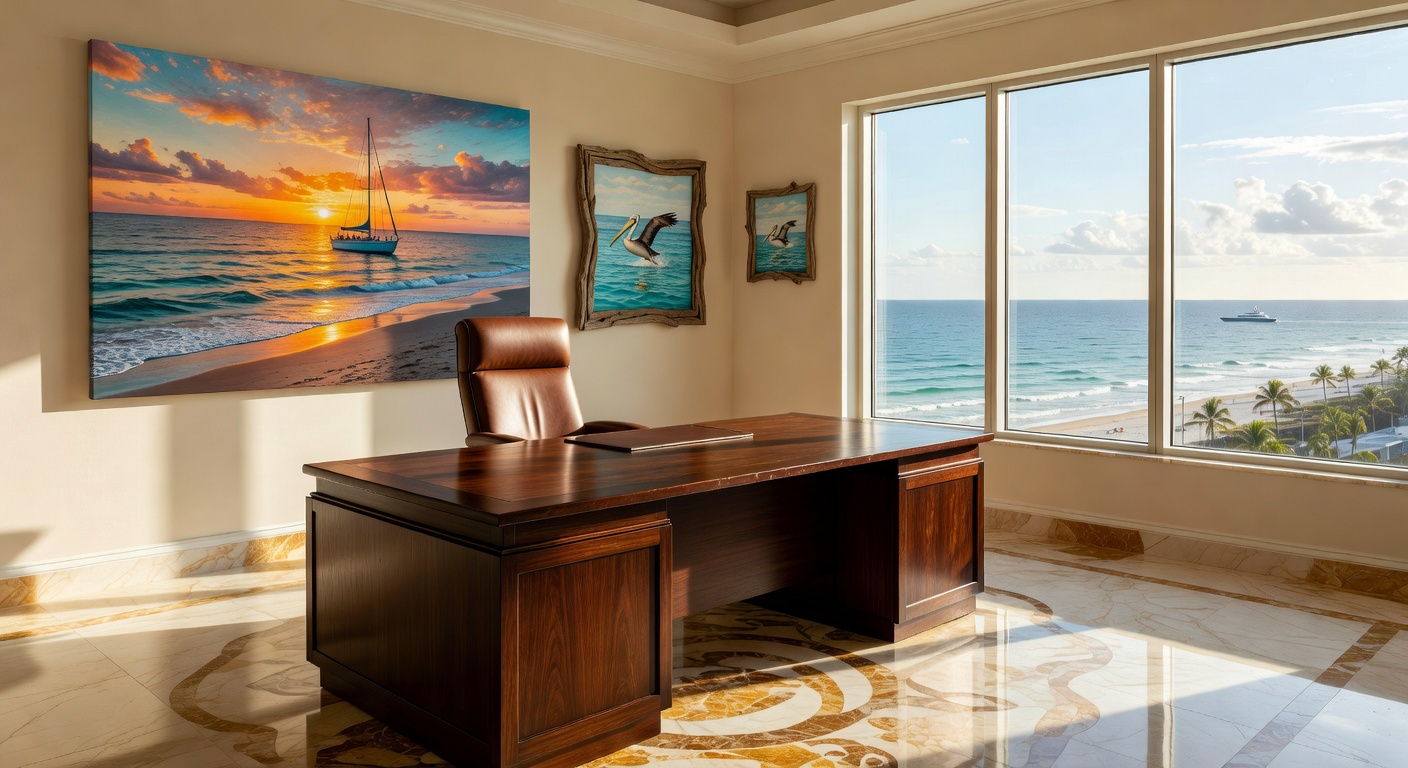 Ultra-realistic 8K photograph of executive office suite in Naples FL featuring premium furniture, artwork with local coastal themes and beautiful natural lighting