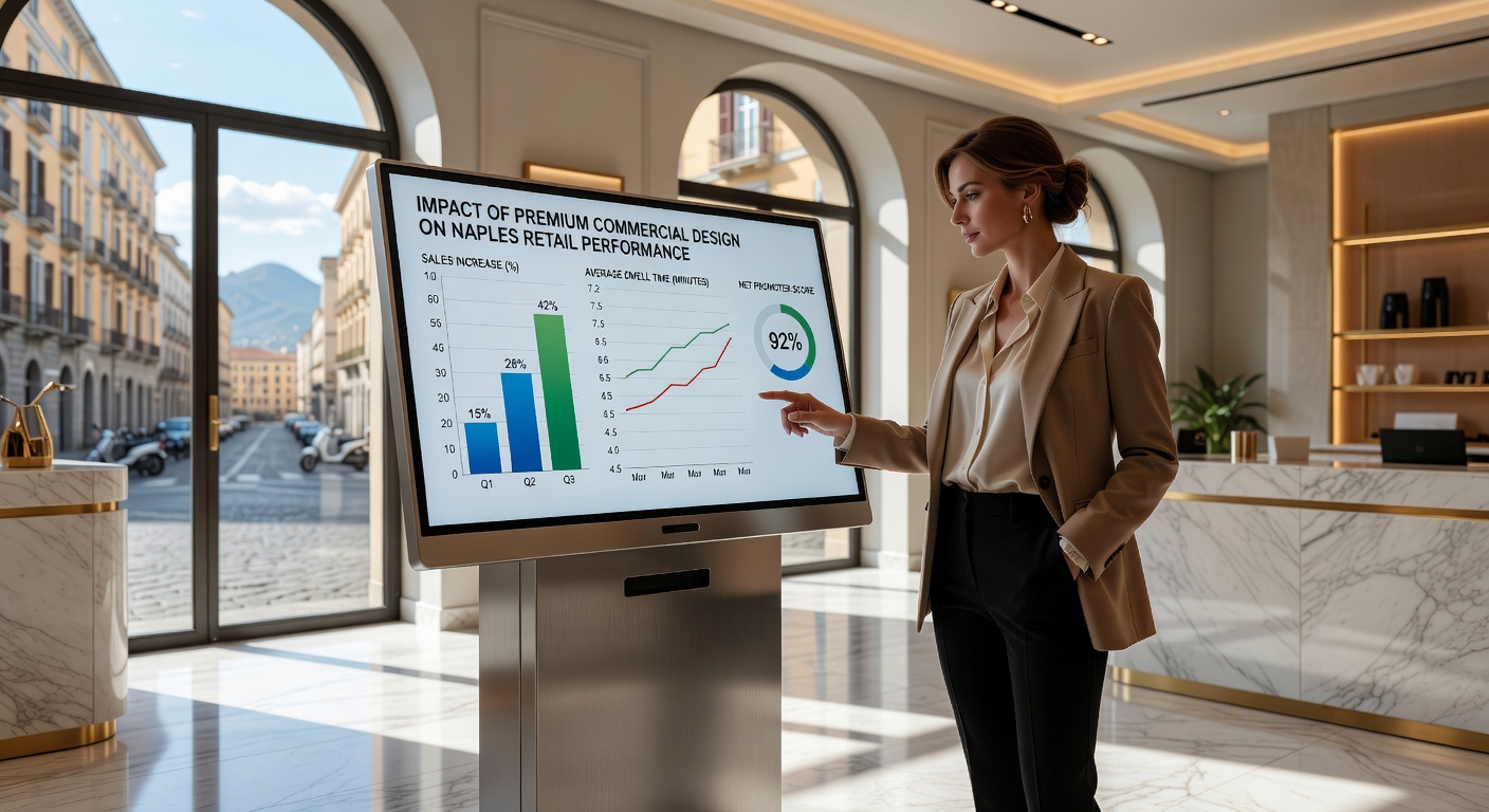 Ultra-realistic 8K image showing data visualization of commercial design impact with charts demonstrating increased sales, dwell time and customer satisfaction in Naples businesses
