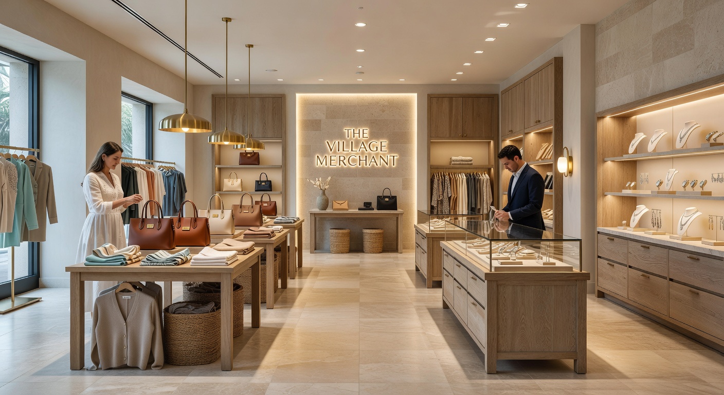 Ultra-realistic 8K image of luxury retail store interior on Fifth Avenue South Naples FL featuring high-end merchandise displays, neutral coastal color scheme, natural materials and elegant lighting design