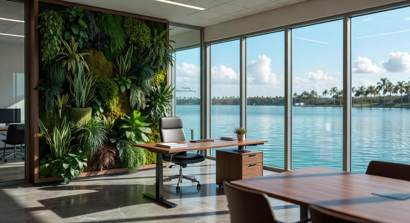 Ultra-realistic 8K photo of contemporary professional office space in Naples Florida with biophilic design elements, abundant natural light, living walls and ergonomic workstations with waterfront views