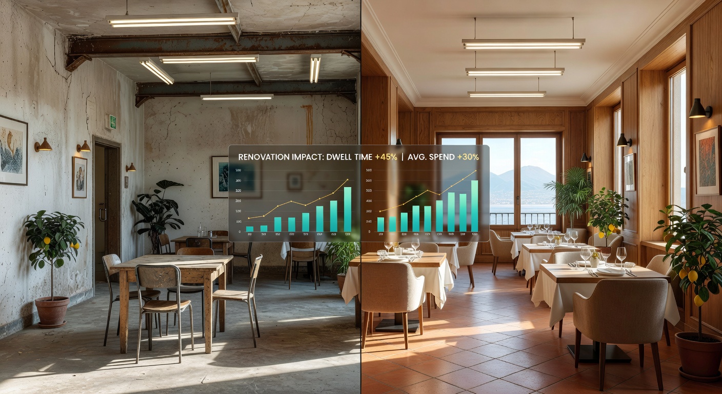 Ultra-realistic 8K image showing before and after commercial interior renovation of a Naples restaurant, split view with data overlays showing increased dwell time statistics