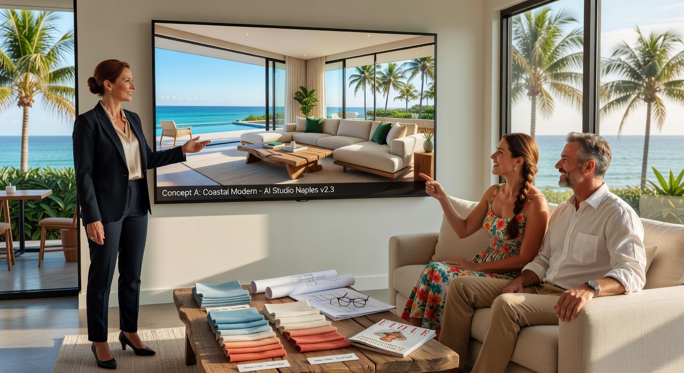 Immersive ultra-realistic 8K 3D visualization render of an elegant Naples waterfront mansion great room with vaulted ceilings custom millwork luxurious coastal chic furnishings and realistic natural lighting