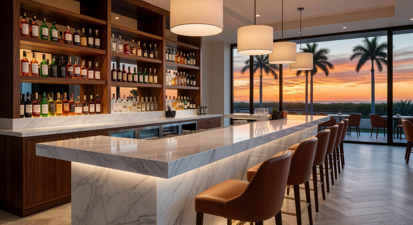 Ultra-realistic 8K photograph of sophisticated restaurant bar area in Naples FL with dramatic accent lighting, marble countertops, comfortable bar seating and high-end finishes