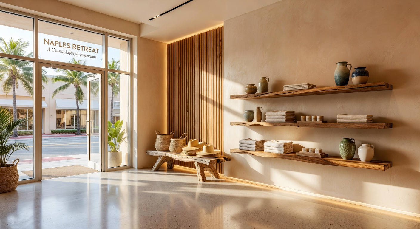 Ultra-realistic 8K image of retail store entrance with properly designed decompression zone in Naples Florida, featuring elegant transition space, subtle branding and inviting product displays