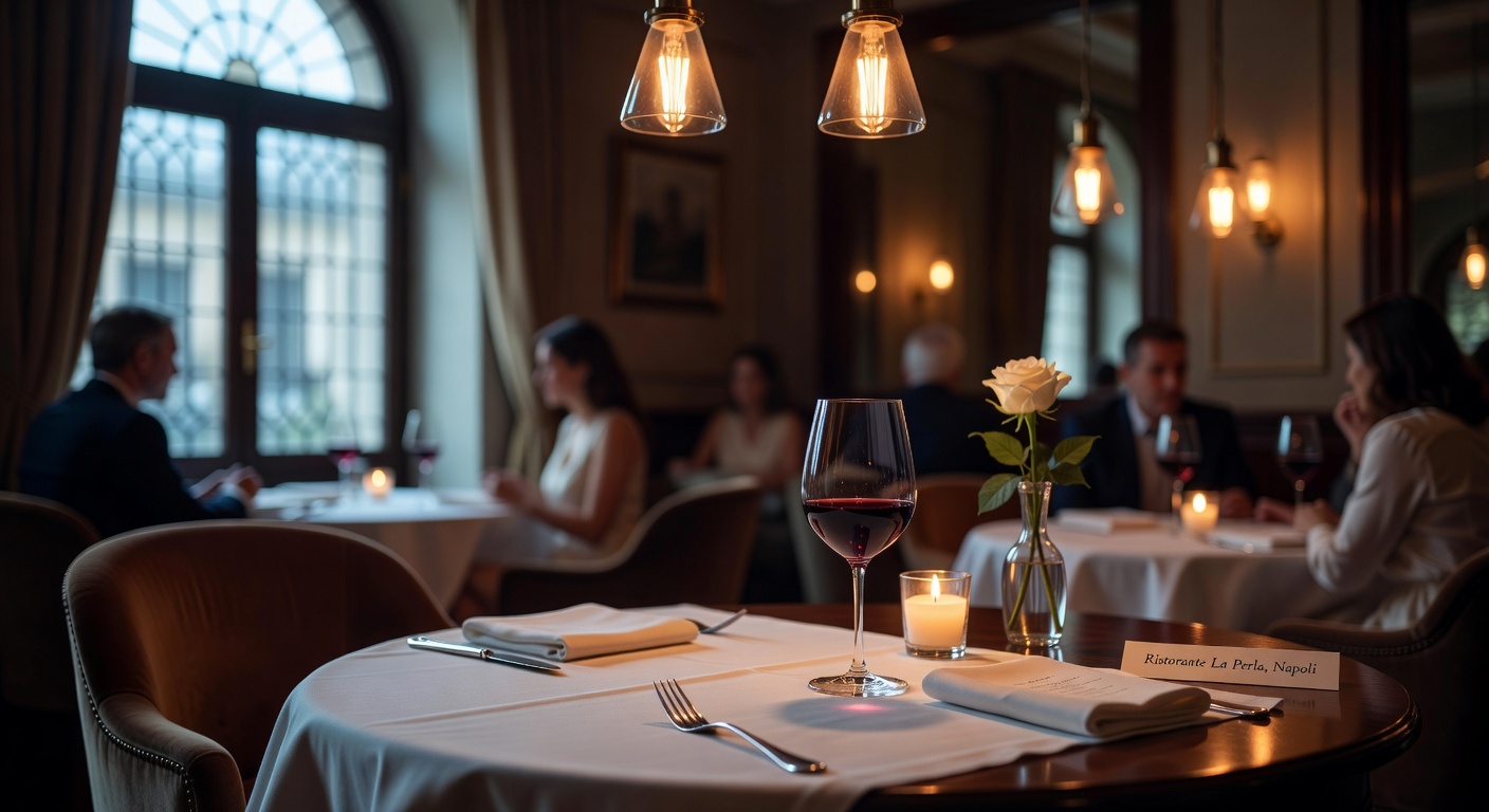 Ultra-realistic 8K close-up of layered lighting design in upscale Naples restaurant showing different light temperatures and their effect on ambiance and food presentation