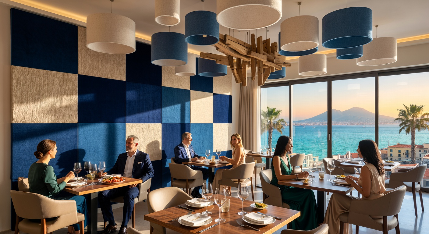 Ultra-realistic 8K image of acoustic design elements in commercial interior including designer wall panels, ceiling treatments and their integration into elegant Naples restaurant design